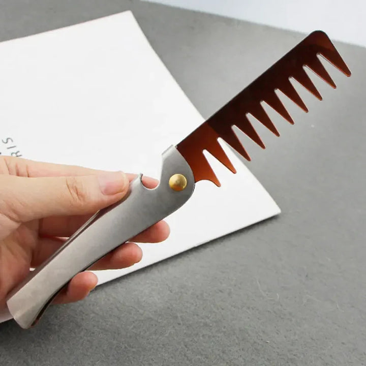 Pente de cabeça de óleo retrô portátil masculino, pente dobrável de aço inoxidável, estilo de cabeleireiro, pente de dentes largos, modelagem de textura, pentes de aço