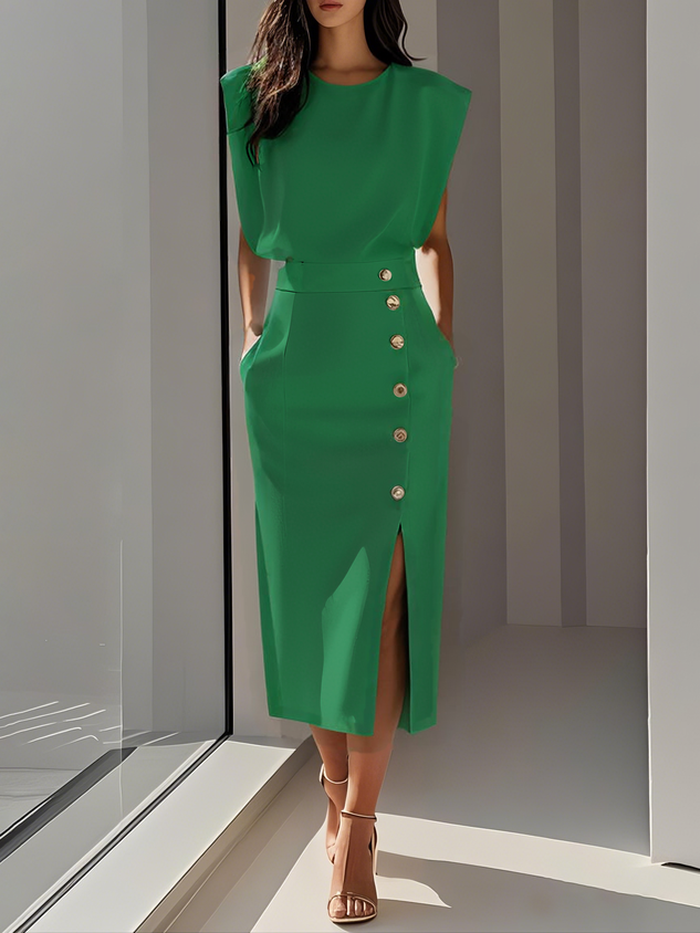 Marlene™ | Vestido Midi Sólido con Abertura de Botón y Escote Redondo