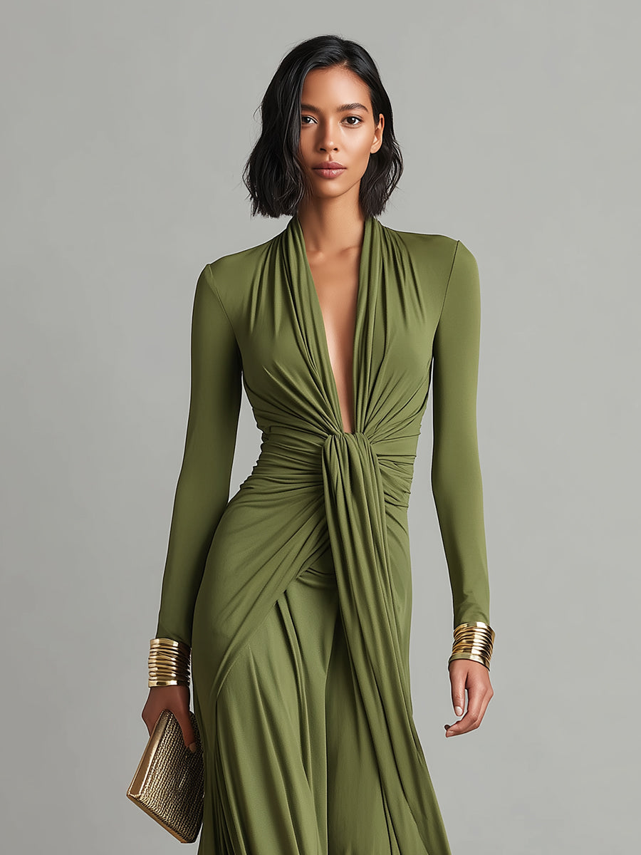 Vestido Maxi de Seda Oliva con Escote en V
