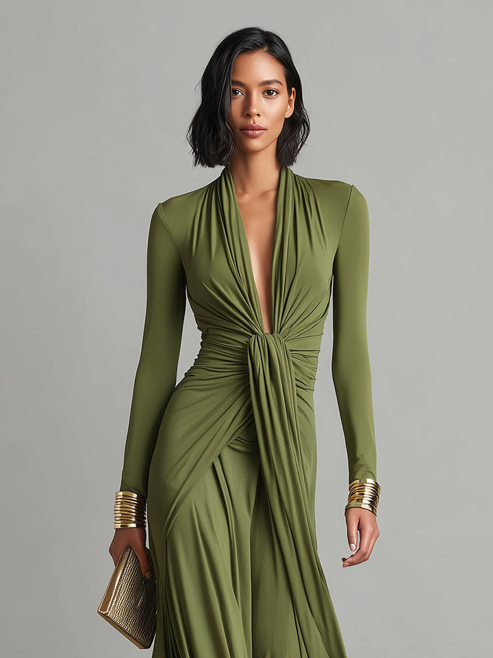 Vestido Maxi de Seda Oliva con Escote en V