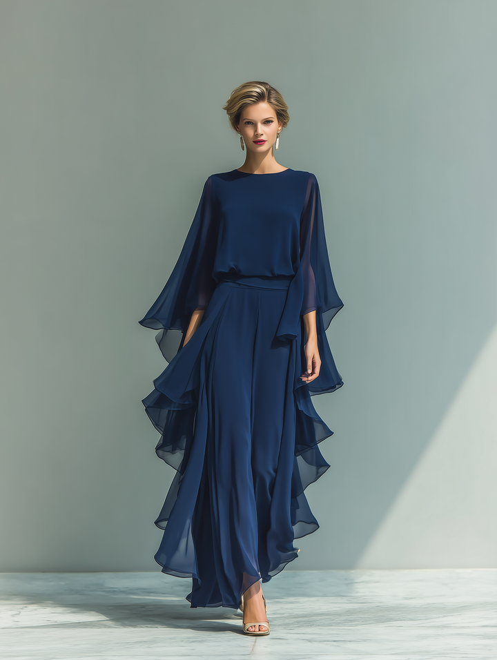 Conjunto de Chiffon Azul Marino con Volantes