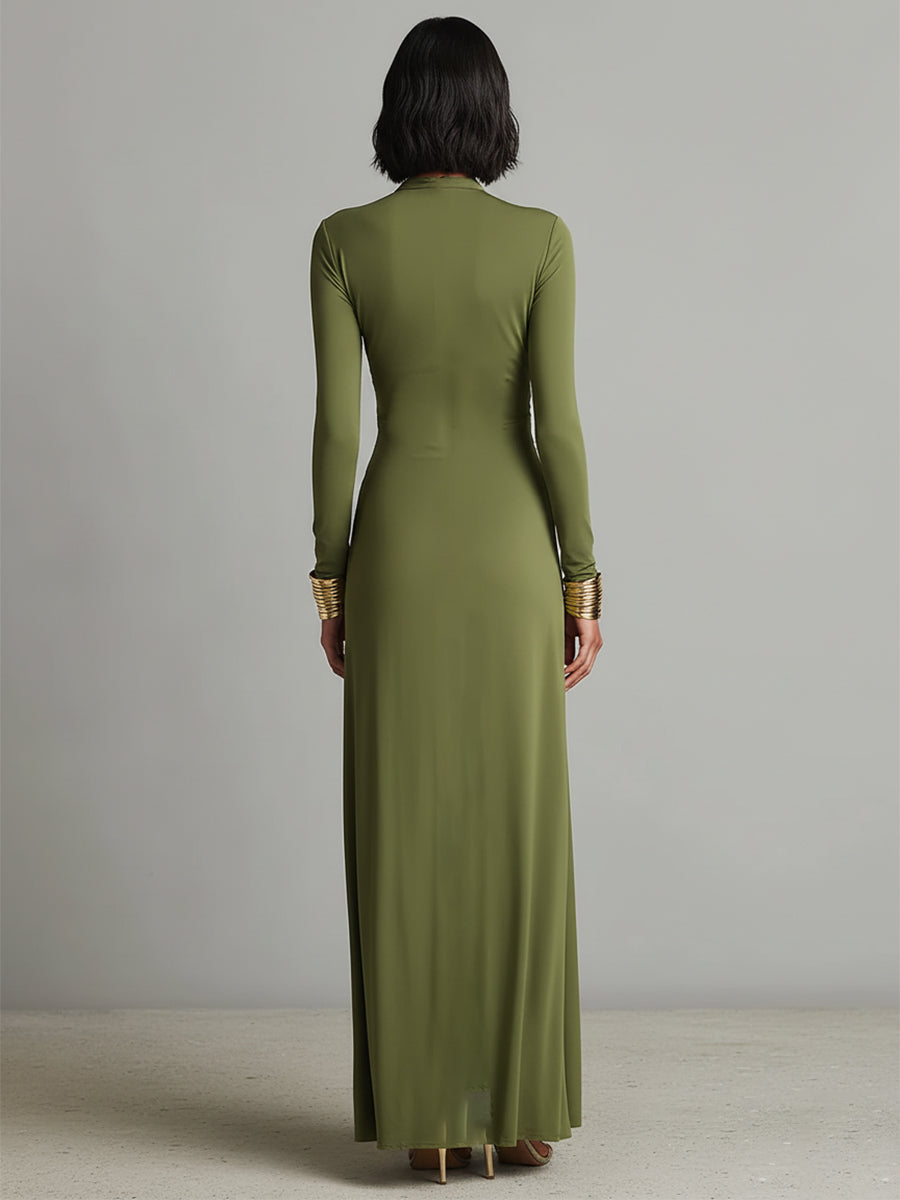 Vestido Maxi de Seda Oliva con Escote en V