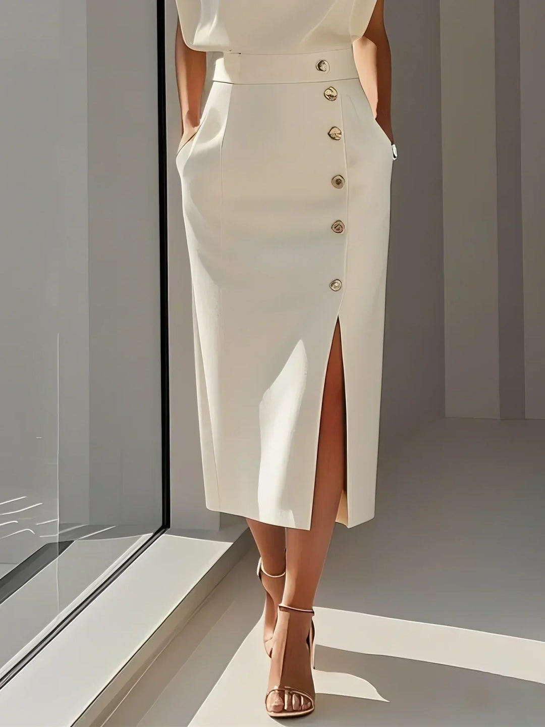 Marlene™ | Vestido Midi Sólido con Abertura de Botón y Escote Redondo