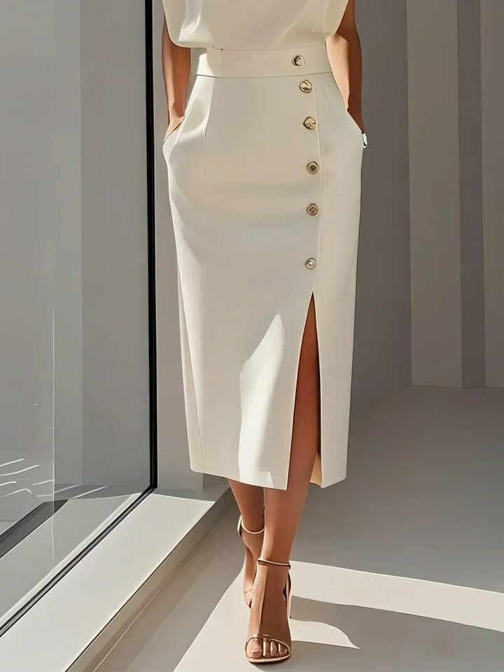 Marlene™ | Vestido Midi Sólido con Abertura de Botón y Escote Redondo