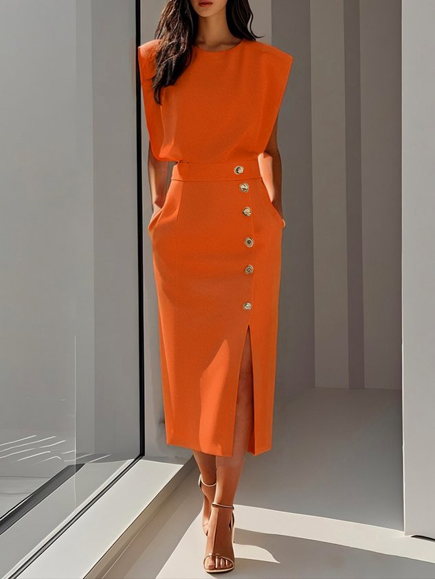 Marlene™ | Vestido Midi Sólido con Abertura de Botón y Escote Redondo