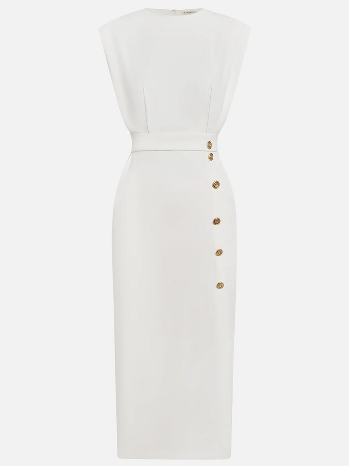 Marlene™ | Vestido Midi Sólido con Abertura de Botón y Escote Redondo