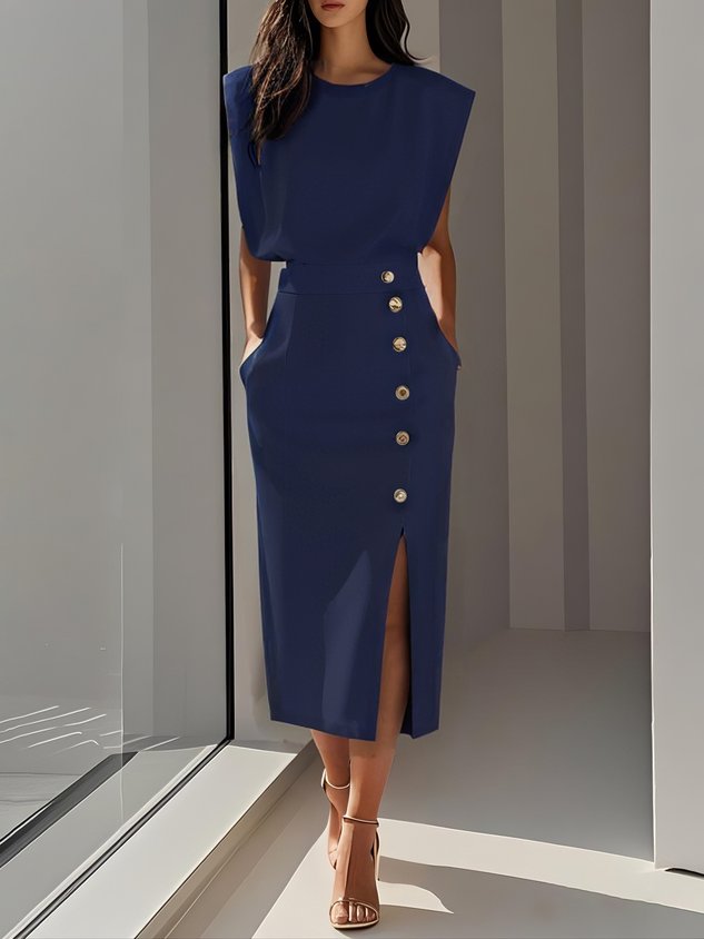 Marlene™ | Vestido Midi Sólido con Abertura de Botón y Escote Redondo