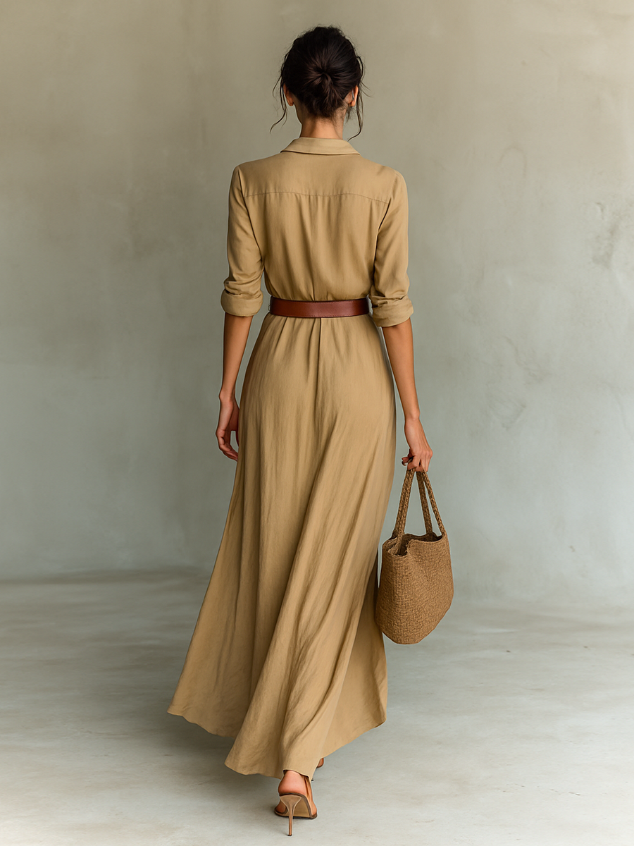 Maxivestido con cuello de solapa y manga larga