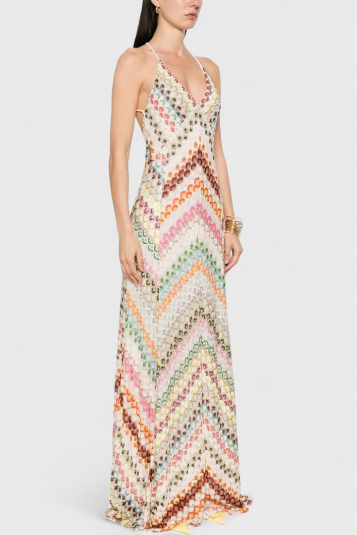 Vestido largo de encaje Agustina con escote en V y estampado en zigzag