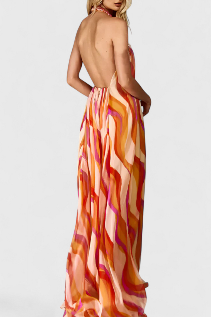 Remi Maxi Vestido Halter con Estampado Ondulado y Trenzado Elegante