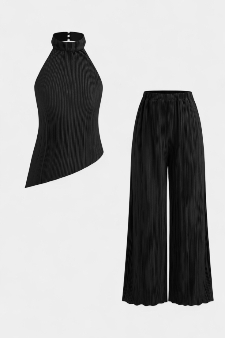 Pilarica Conjunto Plisado con Top Asimétrico Halter y Pantalón Fluido