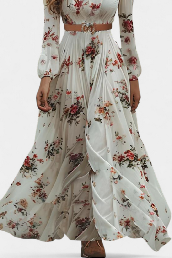 Long floral Amanda dress with V-neck and long sleeves
