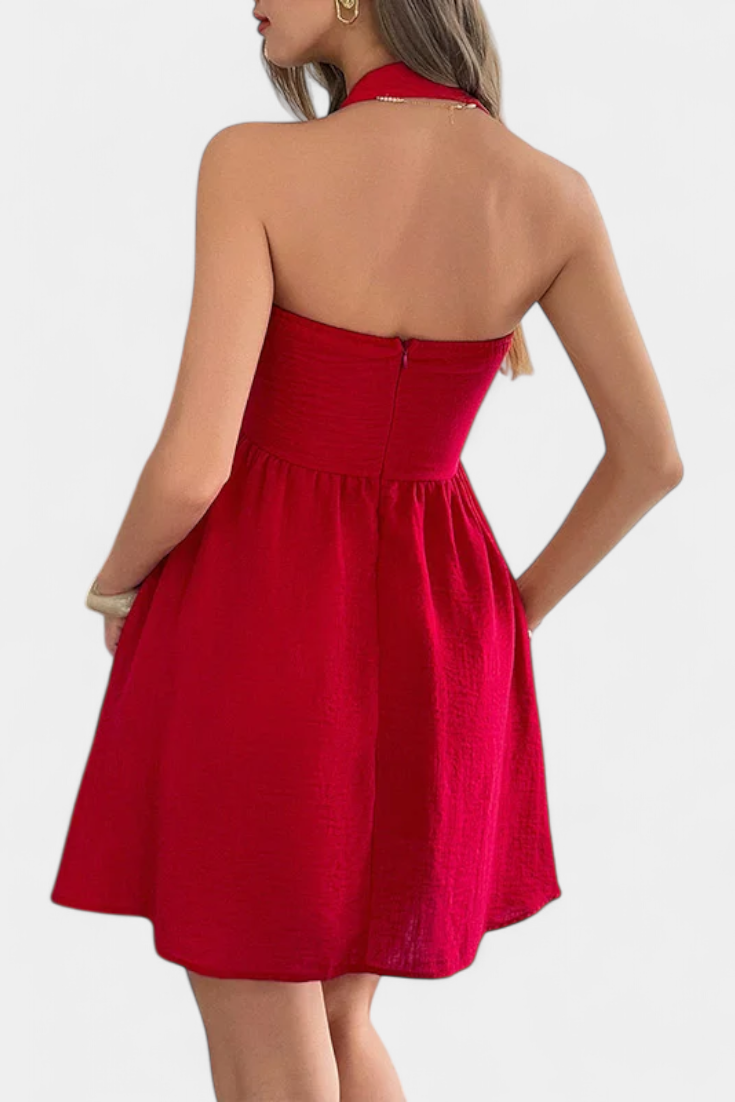 Kassandra Vestido Mini Halter con Espalda Abierta y Silueta Evasé