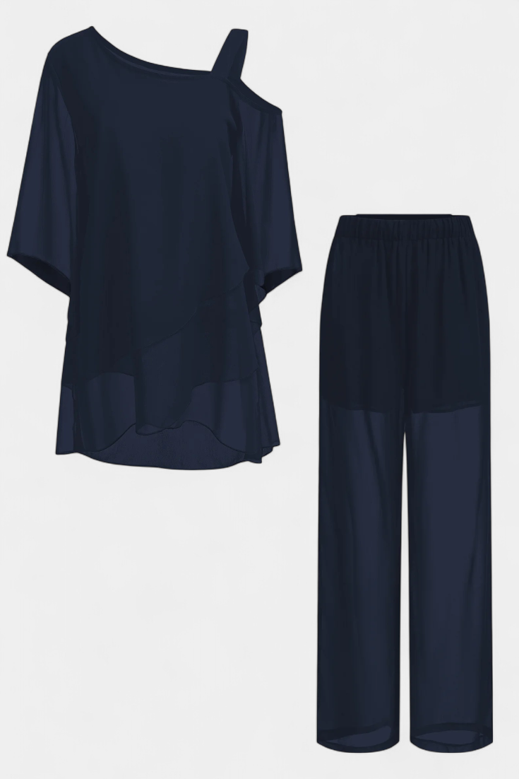 Kitty Conjunto de Dos Piezas con Hombros Descubiertos y Silueta Fluida