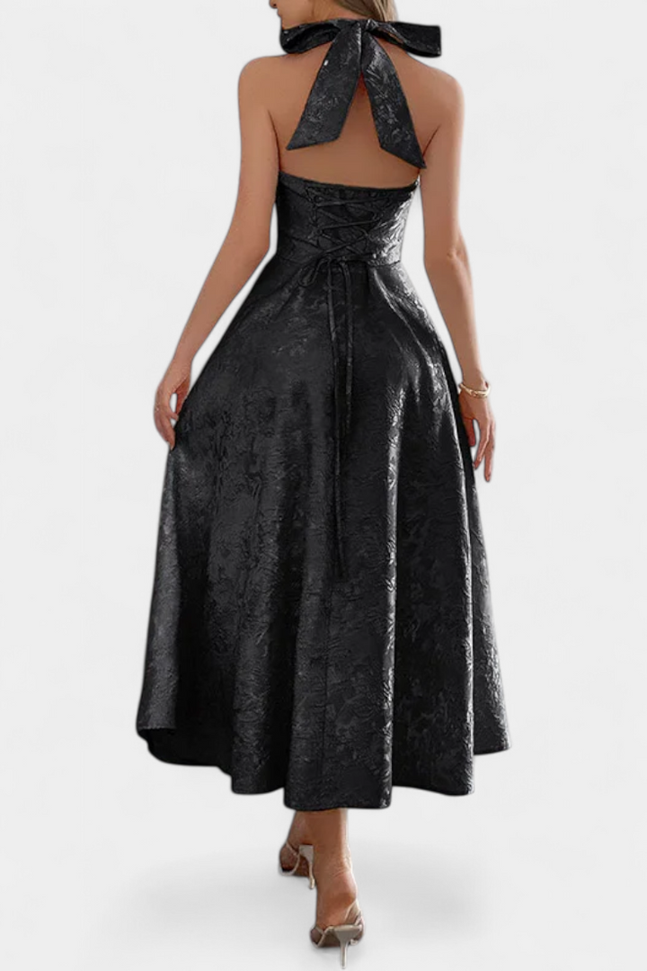 Vestido Gilda Midi Jacquard con Espalda Abierta y Cintura Alta