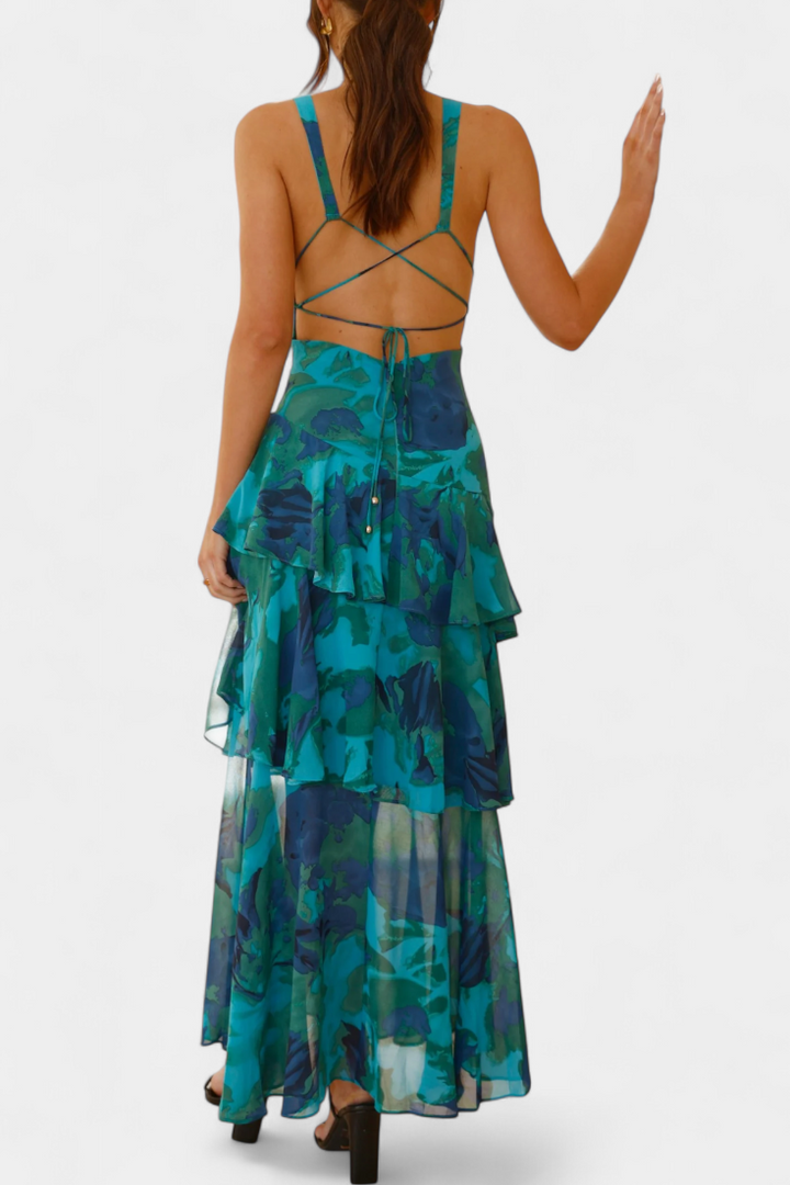 Domenica Vestido de Gasa con Escote en V y Capas Fluidas
