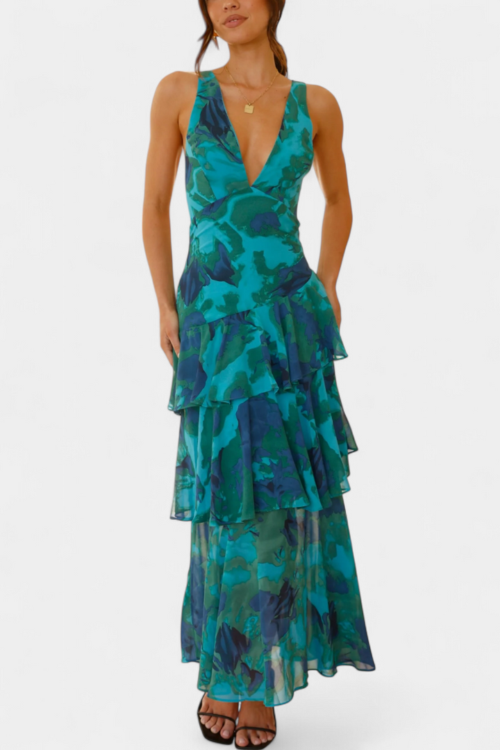 Domenica Vestido de Gasa con Escote en V y Capas Fluidas