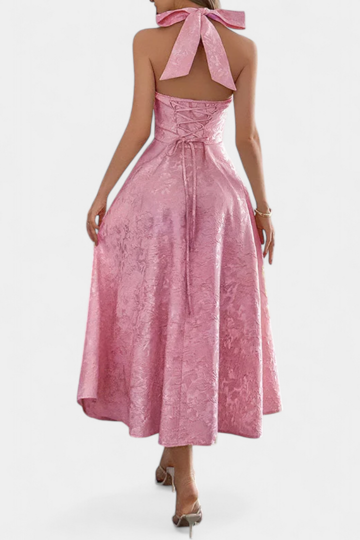 Vestido Gilda Midi Jacquard con Espalda Abierta y Cintura Alta
