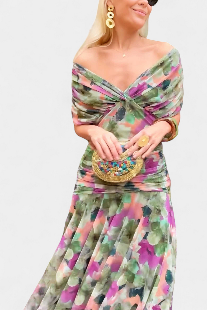 Alondra Long Dress with Fantasy Floral Print and V-Neck