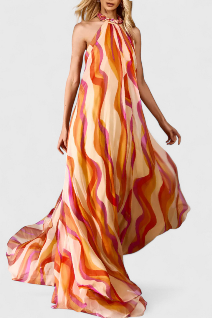 Remi Maxi Vestido Halter con Estampado Ondulado y Trenzado Elegante