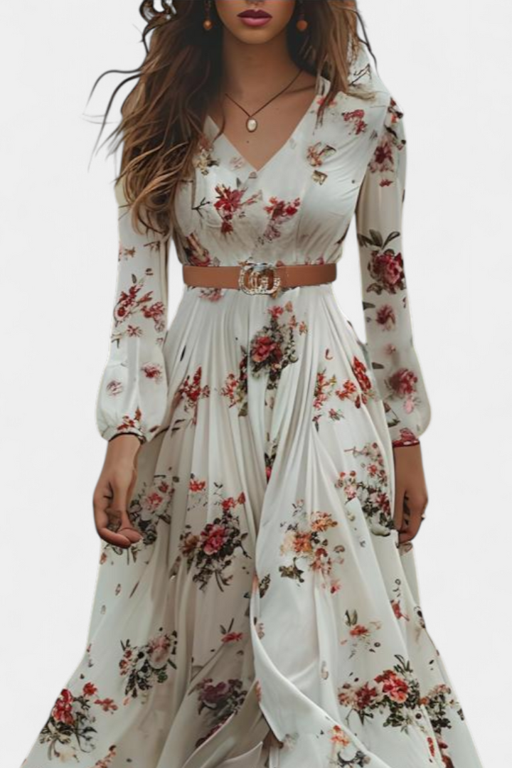 Long floral Amanda dress with V-neck and long sleeves