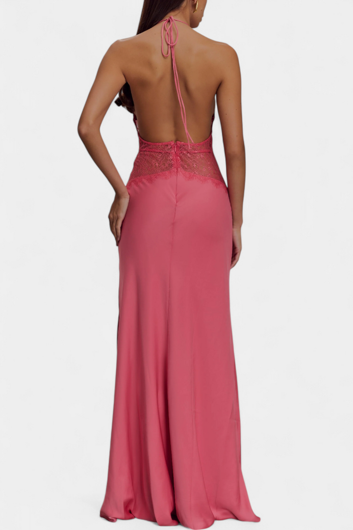 Ashanty Vestido Largo con Escote Halter y Cintura de Encaje Transparente