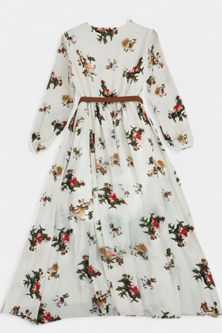 Long floral Amanda dress with V-neck and long sleeves