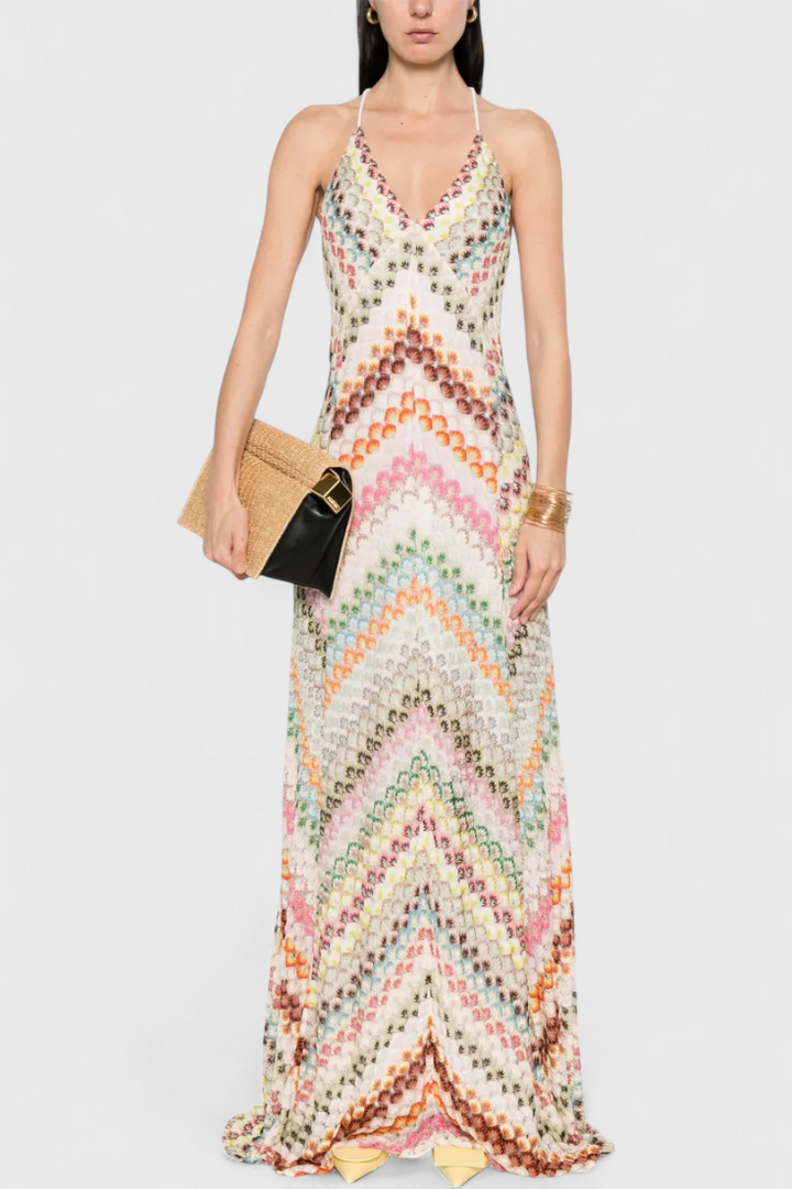 Vestido largo de encaje Agustina con escote en V y estampado en zigzag