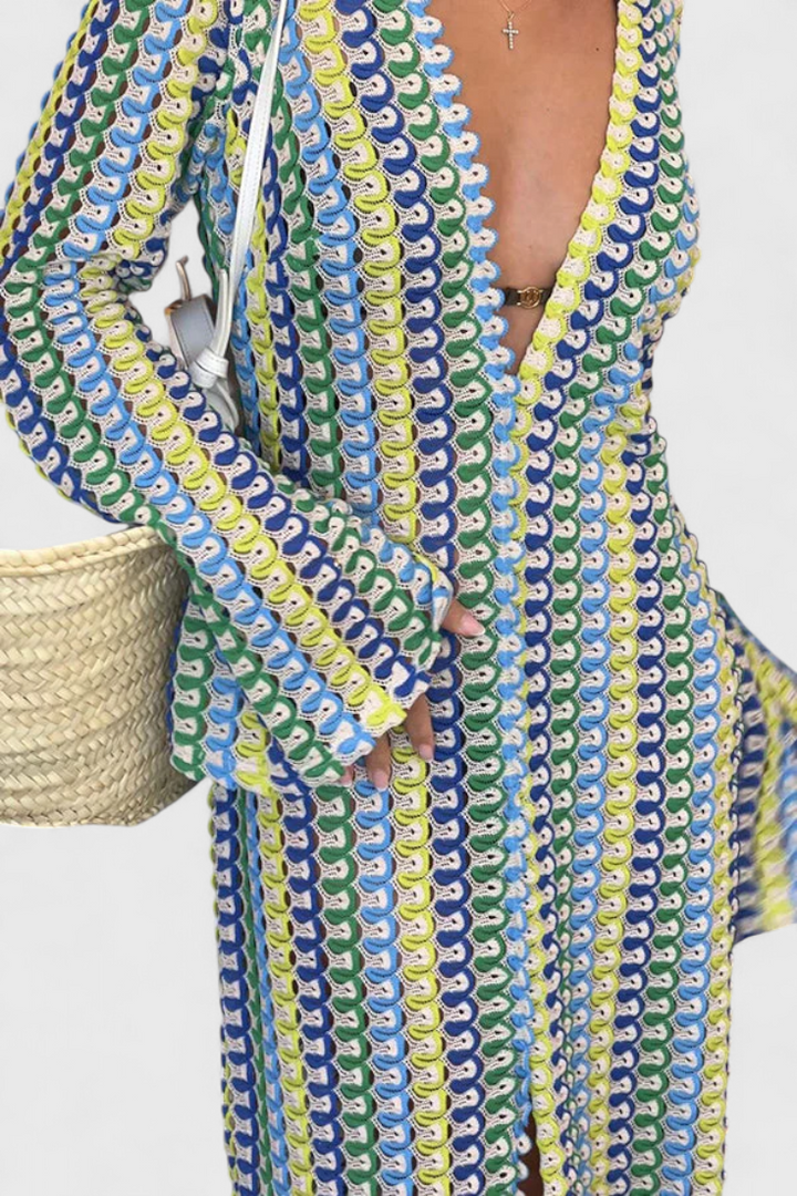 Vestido Largo Crisanta con Ondas Multicolor y Mangas Largas