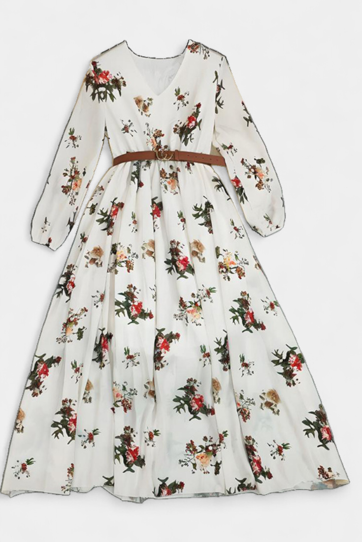 Long floral Amanda dress with V-neck and long sleeves