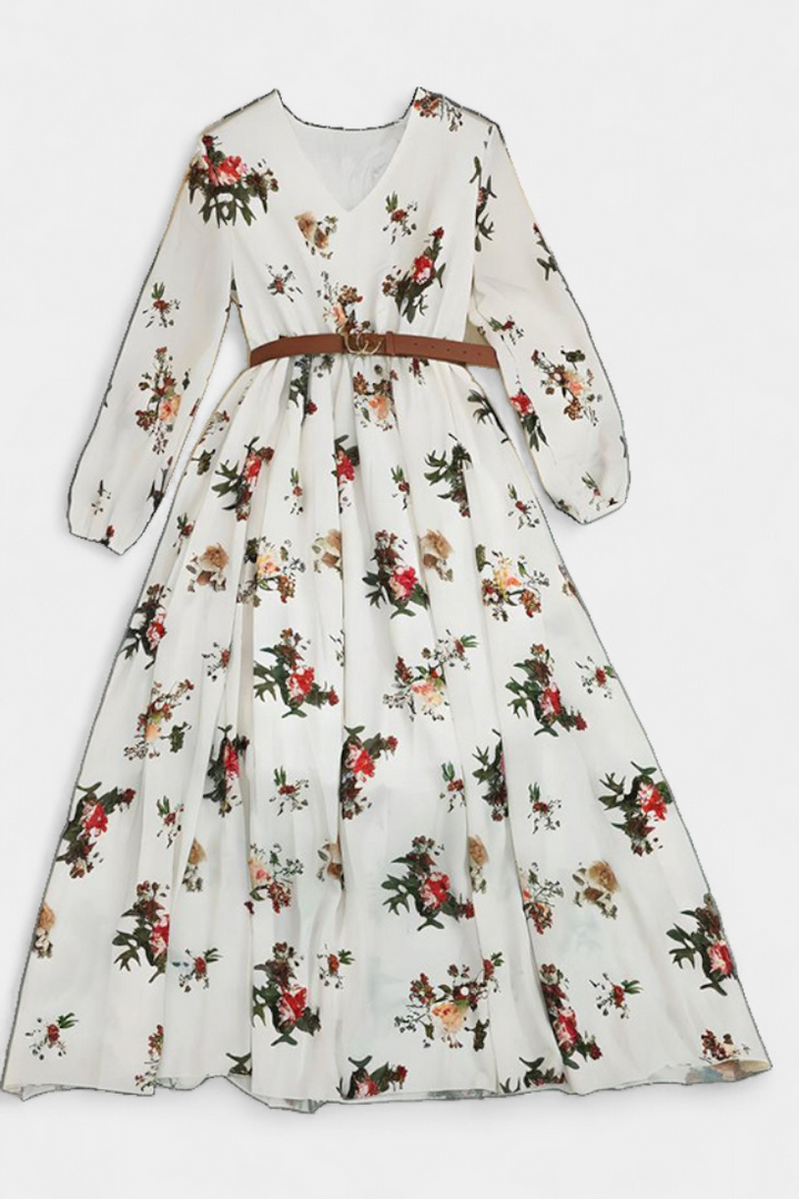 Long floral Amanda dress with V-neck and long sleeves