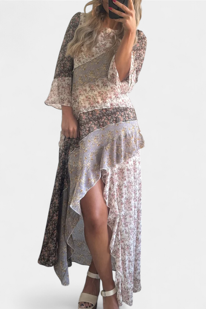 Ruth Vestido Largo Floral con Mangas 3/4 y Paneles Volantes