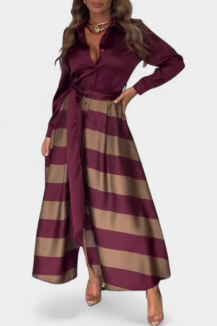 Nessia Vestido Camisero Largo a Rayas con Cinturón