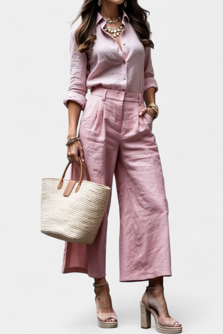 Sabina Conjunto Rosa de Camisa Suelta y Pantalones Capri
