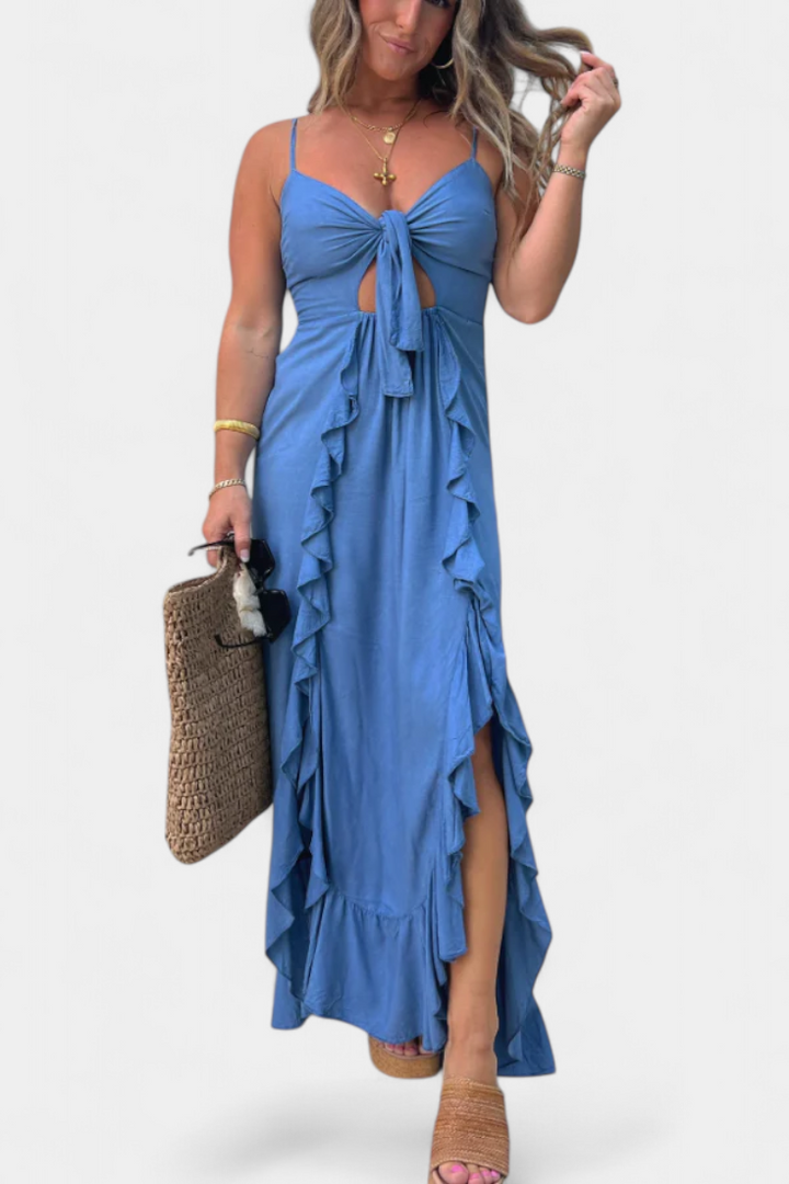Kailani Vestido Maxi con Volantes y Nudo Frontal