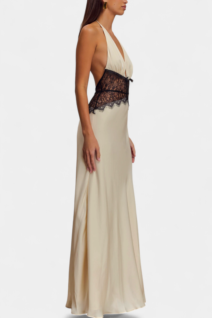 Ashanty Vestido Largo con Escote Halter y Cintura de Encaje Transparente
