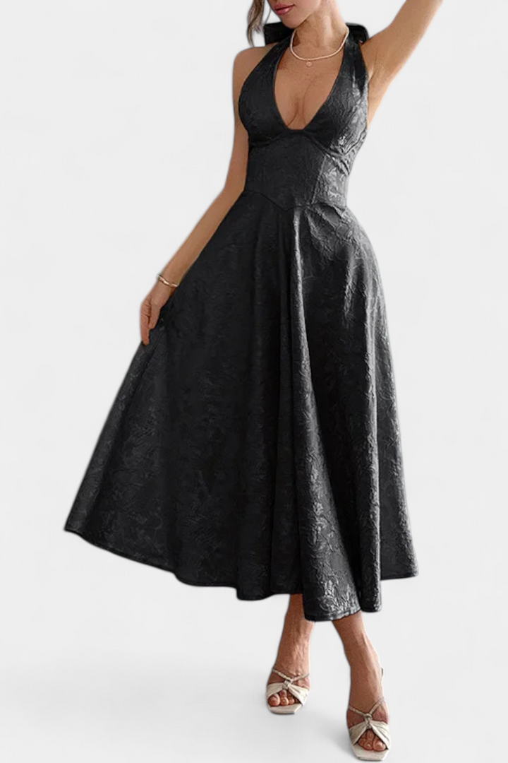 Vestido Gilda Midi Jacquard con Espalda Abierta y Cintura Alta