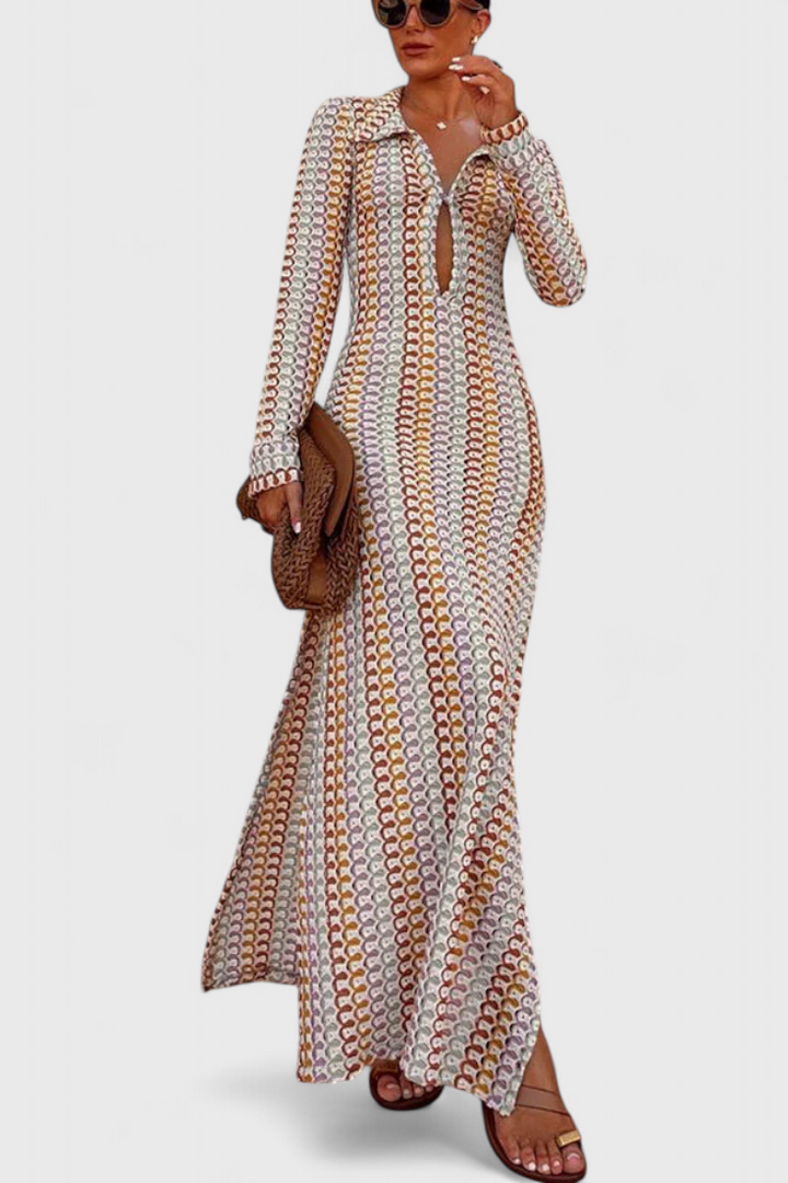 Vestido Largo Crisanta con Ondas Multicolor y Mangas Largas