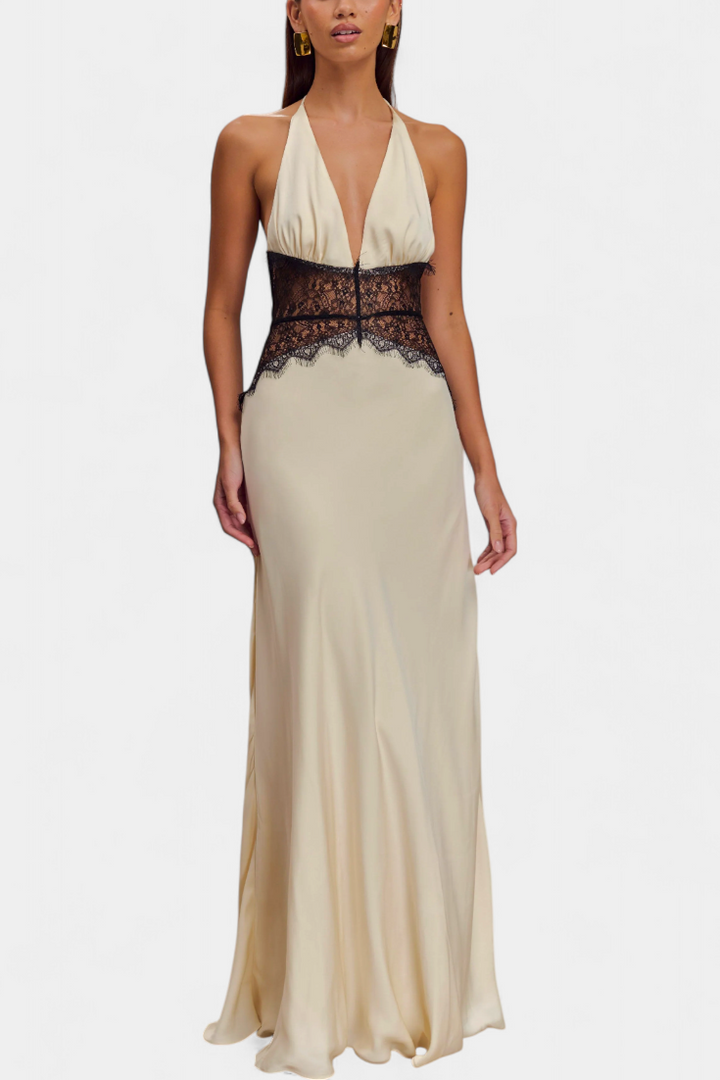 Ashanty Vestido Largo con Escote Halter y Cintura de Encaje Transparente