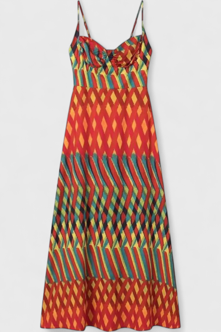 Vestido largo Janis con estampado artístico y escote halter en forma de corazón