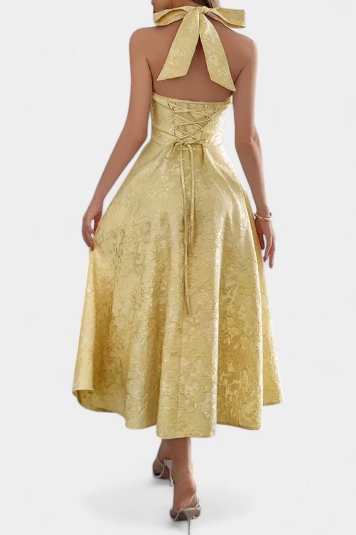Vestido Gilda Midi Jacquard con Espalda Abierta y Cintura Alta