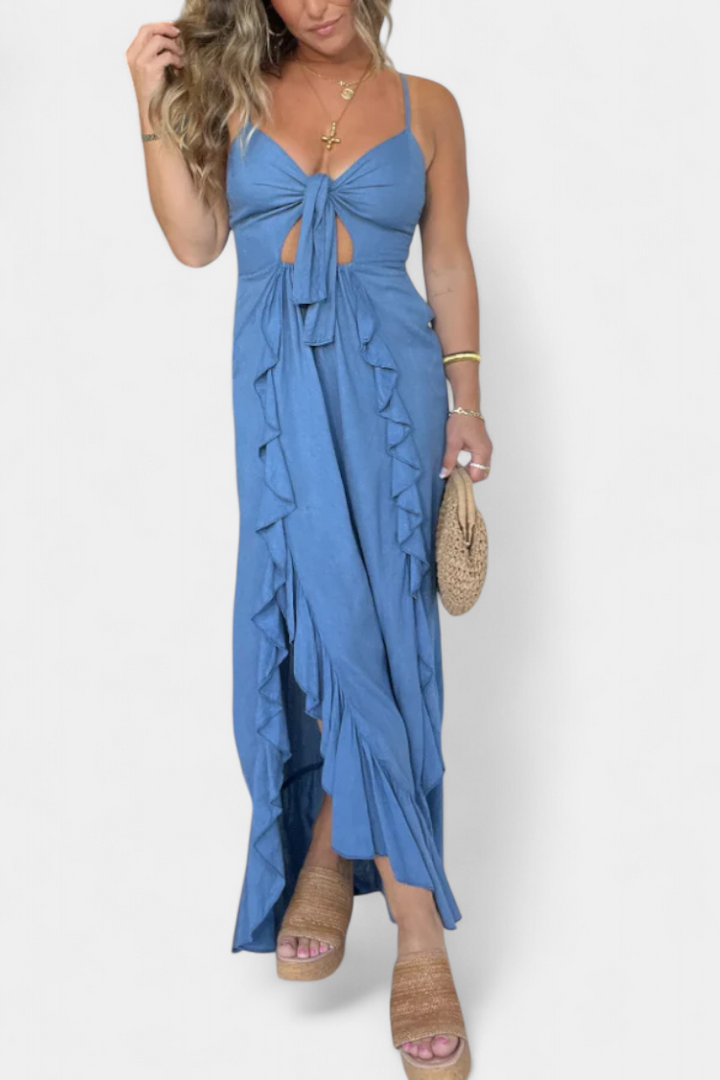 Kailani Vestido Maxi con Volantes y Nudo Frontal