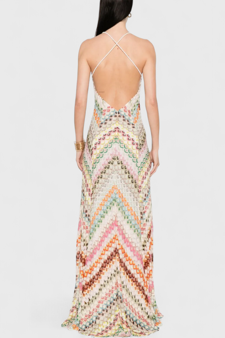 Vestido largo de encaje Agustina con escote en V y estampado en zigzag