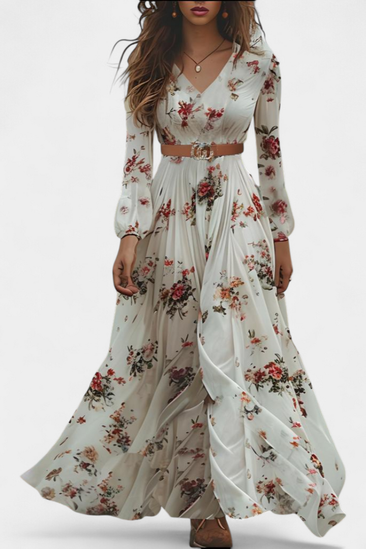 Long floral Amanda dress with V-neck and long sleeves