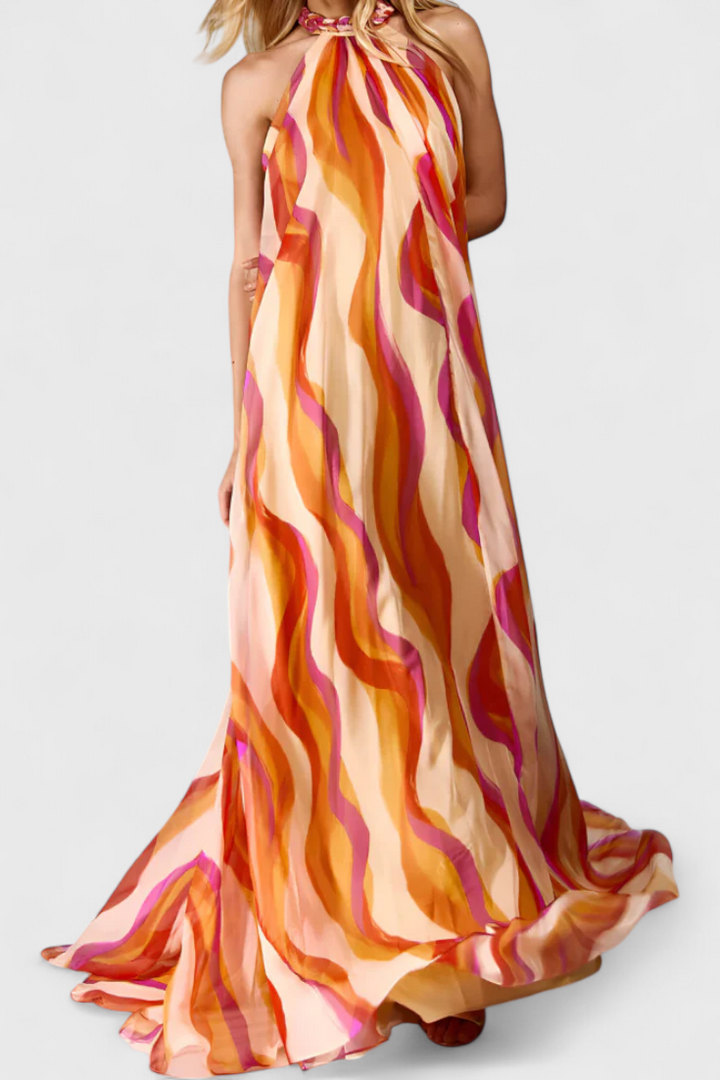 Remi Maxi Vestido Halter con Estampado Ondulado y Trenzado Elegante