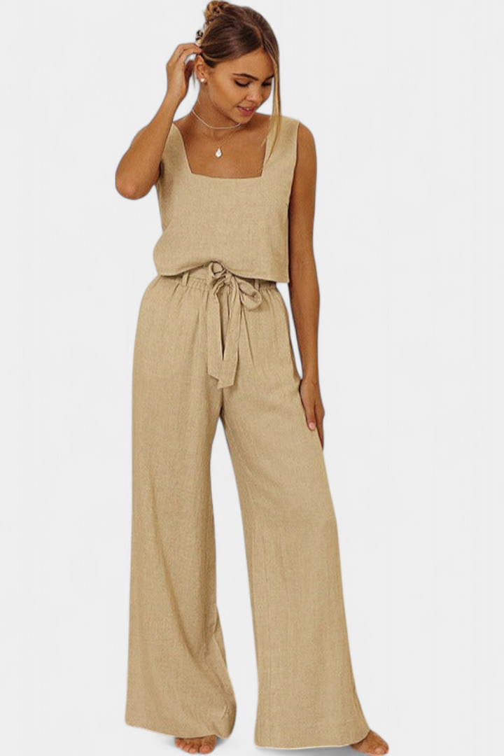 Conjunto Pascuala de lino de dos piezas con blusa sin mangas y pantalón fluido
