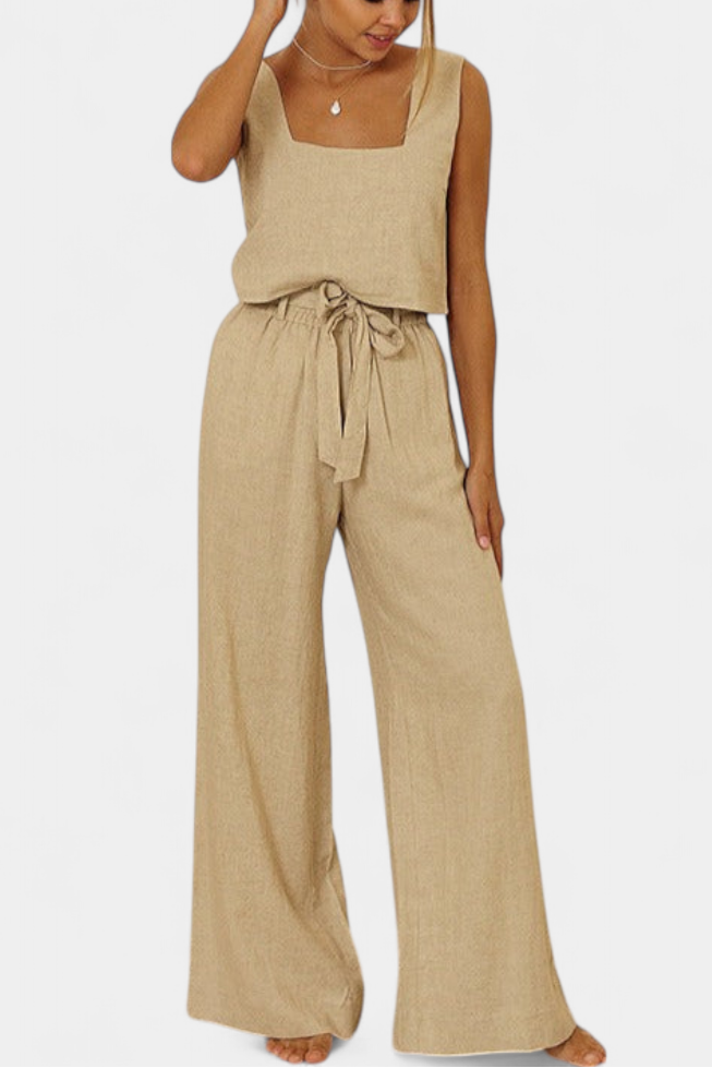 Conjunto Pascuala de lino de dos piezas con blusa sin mangas y pantalón fluido