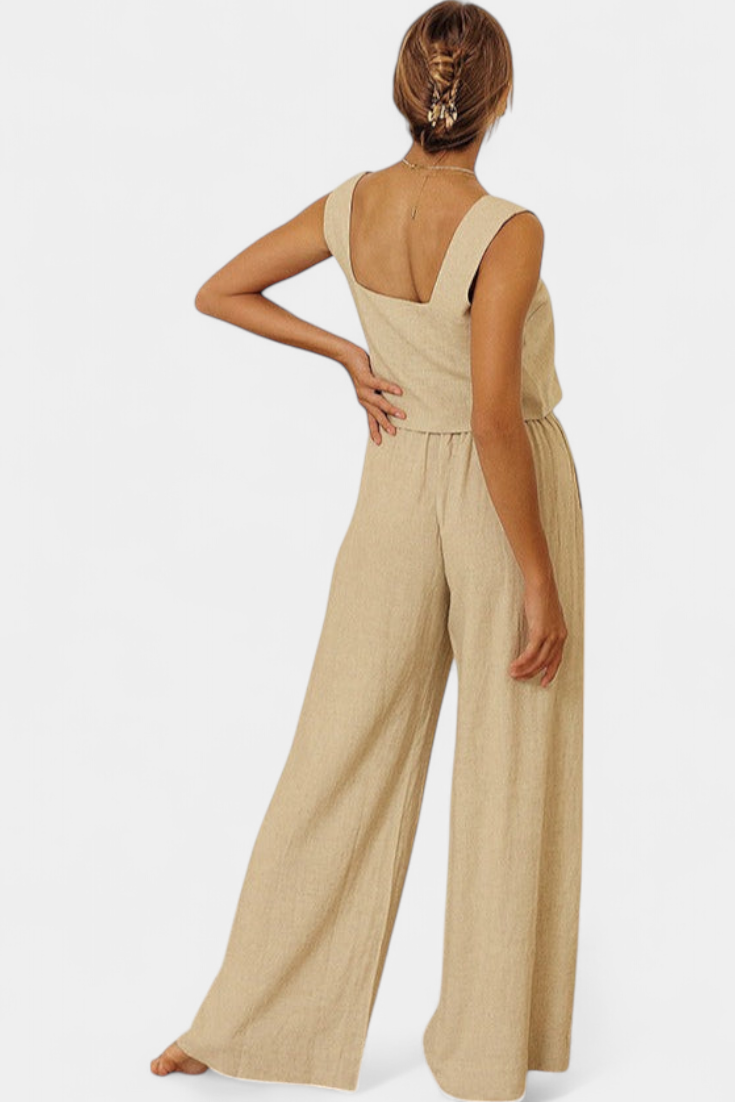 Conjunto Pascuala de lino de dos piezas con blusa sin mangas y pantalón fluido