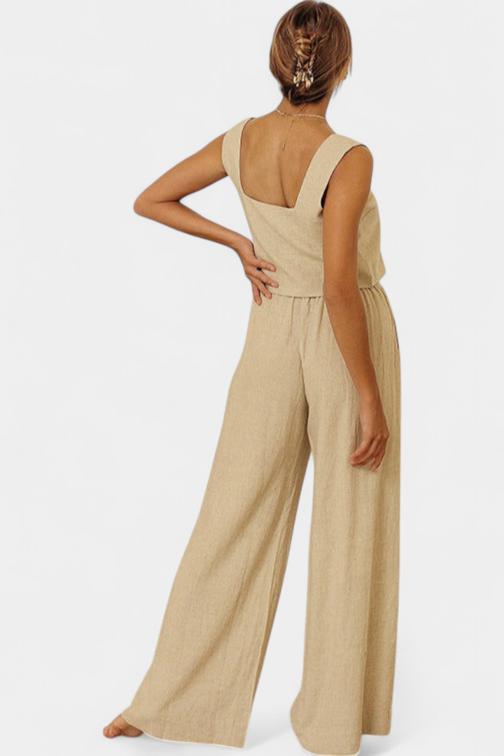 Conjunto Pascuala de lino de dos piezas con blusa sin mangas y pantalón fluido