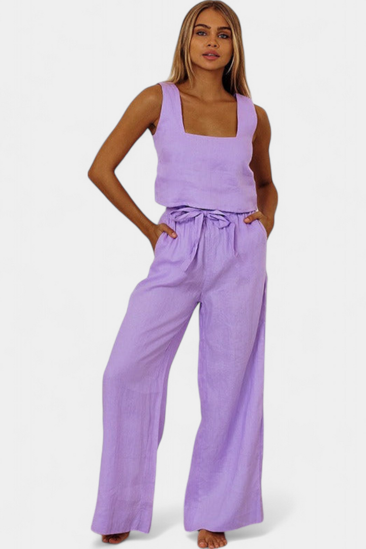 Conjunto Pascuala de lino de dos piezas con blusa sin mangas y pantalón fluido